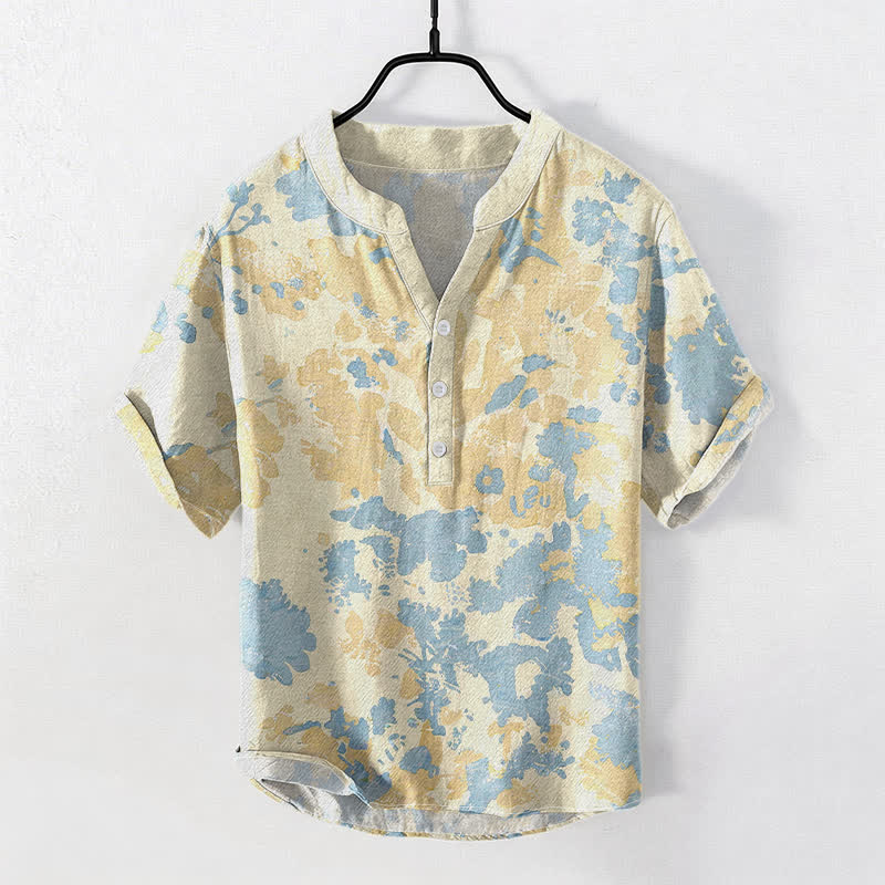 Buddha Stones Camisa Henley de algodón con estampado floral acuarela y manga corta con medio botón para hombre. - Amarillo dorado claro - US/UK/AU50, EU60 (5XL) - image 0