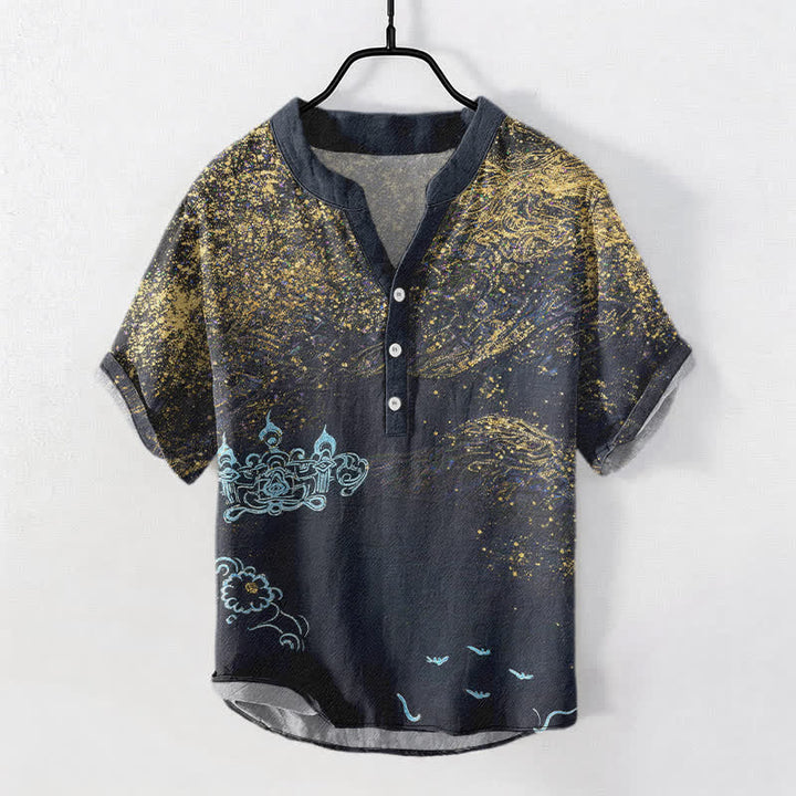 Buddha Stones Camisa Henley de manga corta para hombre con estampado de salpicaduras de algodón inspirado en la galaxia. - Gris pizarra oscuro - US/UK/AU50, EU60 (5XL) - image 0