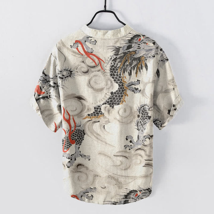 Buddha Stones Camisa Henley de manga corta con medio botón y estampado de dragón de algodón para hombre. - image 1