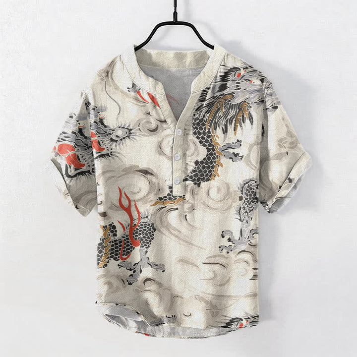 Buddha Stones Camisa Henley de manga corta con medio botón y estampado de dragón de algodón para hombre. - Marfil - US/UK/AU50, EU60 (5XL) - image 0