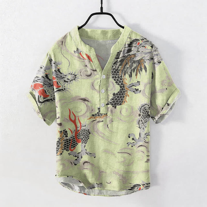 Buddha Stones Camisa Henley de manga corta con medio botón y estampado de dragón de algodón para hombre. - VerdeAmarillo - US/UK/AU50, EU60 (5XL) - image 3