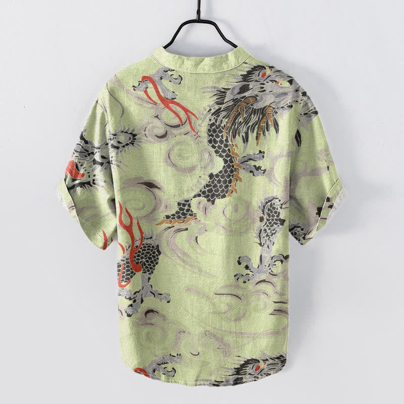 Buddha Stones Camisa Henley de manga corta con medio botón y estampado de dragón de algodón para hombre. - image 4