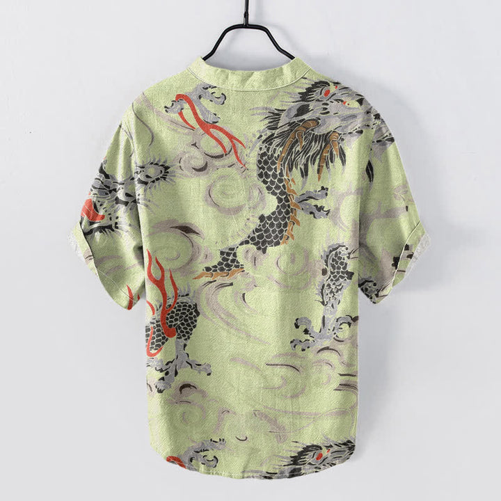 Buddha Stones Camisa Henley de manga corta con medio botón y estampado de dragón de algodón para hombre. - image 4