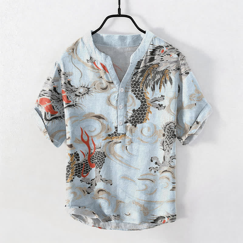 Buddha Stones Camisa Henley de manga corta con medio botón y estampado de dragón de algodón para hombre. - Azul claro - US/UK/AU50, EU60 (5XL) - image 5