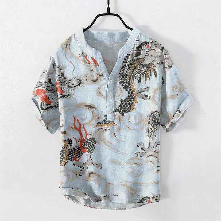 Buddha Stones Camisa Henley de manga corta con medio botón y estampado de dragón de algodón para hombre. - Azul claro - US/UK/AU50, EU60 (5XL) - image 5