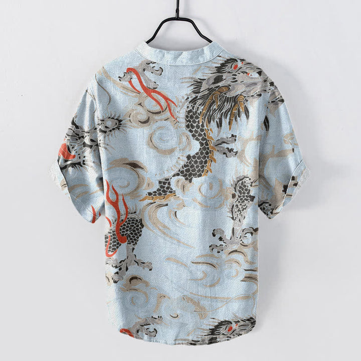 Buddha Stones Camisa Henley de manga corta con medio botón y estampado de dragón de algodón para hombre. - image 6