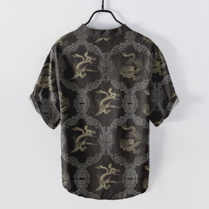 Buddha Stones Camisa de manga corta con medio botón para hombre, de algodón, con emblema de dragón y fénix. - image 1