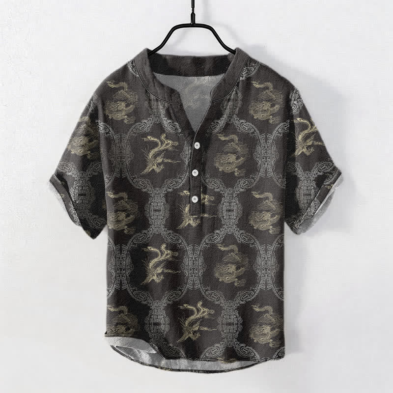 Buddha Stones Camisa de manga corta con medio botón para hombre, de algodón, con emblema de dragón y fénix. - Gris oscuro - US/UK/AU50, EU60 (5XL) - image 0