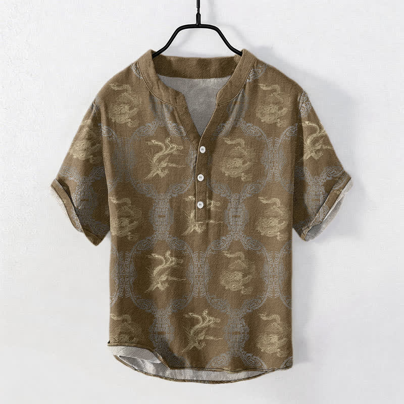 Buddha Stones Camisa de manga corta con medio botón para hombre, de algodón, con emblema de dragón y fénix. - Vara de oro oscura - US/UK/AU50, EU60 (5XL) - image 4