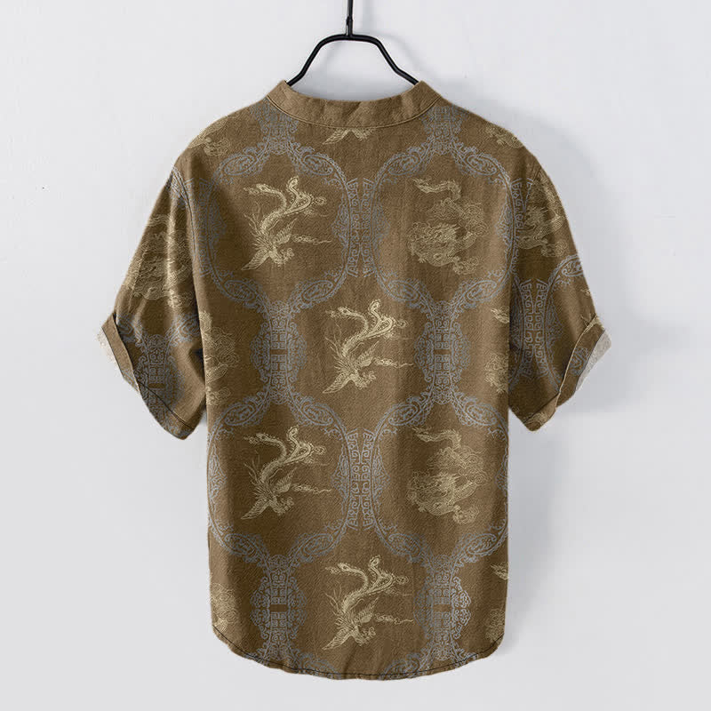 Buddha Stones Camisa de manga corta con medio botón para hombre, de algodón, con emblema de dragón y fénix. - image 5