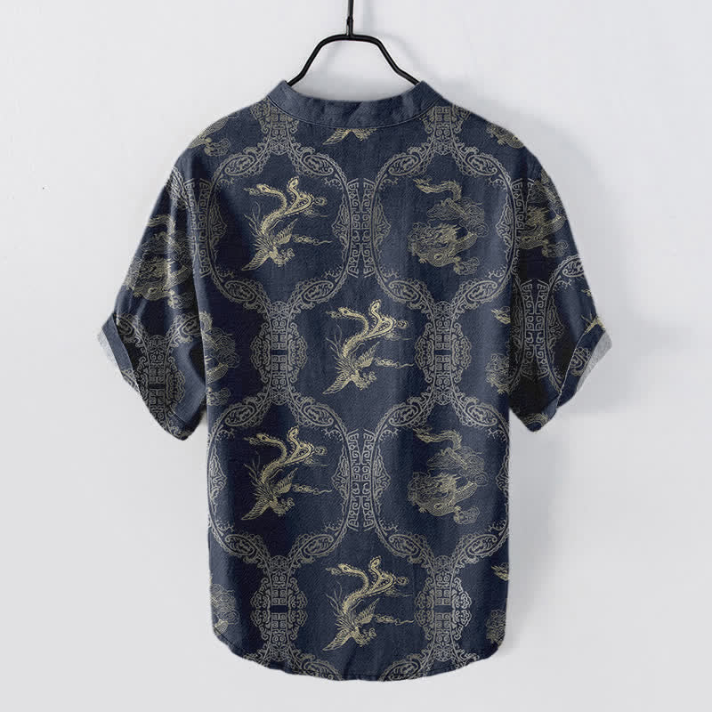Buddha Stones Camisa de manga corta con medio botón para hombre, de algodón, con emblema de dragón y fénix. - image 7