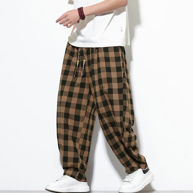 Buddha Stones Pantalones harem de verano para hombre con estampado de cuadros, cintura alta, cordón ajustable y bolsillos. - image 14