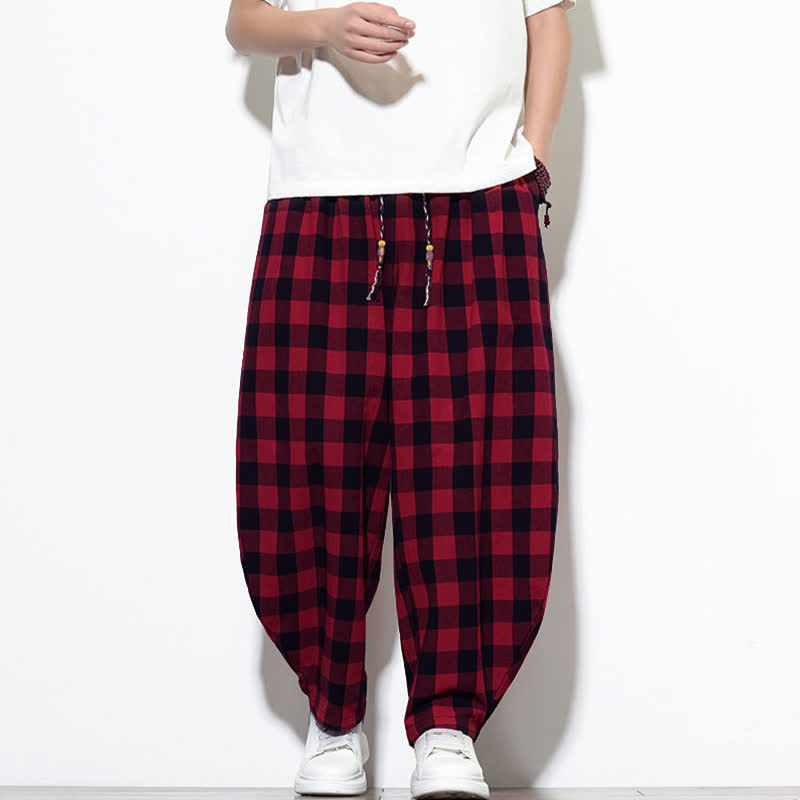 Buddha Stones Pantalones harem de verano para hombre con estampado de cuadros, cintura alta, cordón ajustable y bolsillos. - Rojo - US/UK/AU46, EU56 (5XL) - image 19