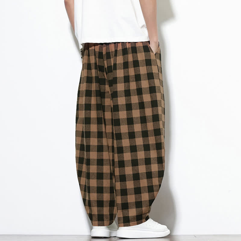 Buddha Stones Pantalones harem de verano para hombre con estampado de cuadros, cintura alta, cordón ajustable y bolsillos. - image 18