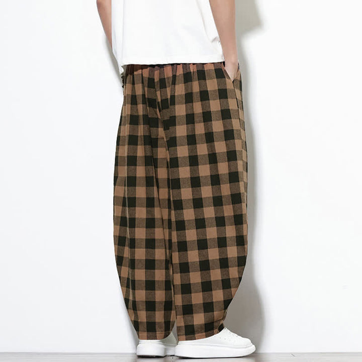 Buddha Stones Pantalones harem de verano para hombre con estampado de cuadros, cintura alta, cordón ajustable y bolsillos. - image 18