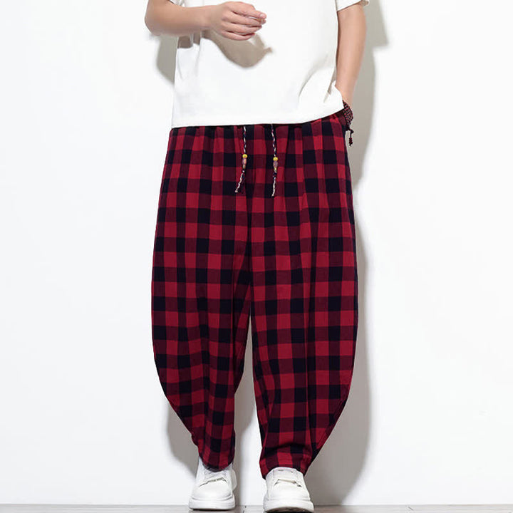 Buddha Stones Pantalones harem de verano para hombre con estampado de cuadros, cintura alta, cordón ajustable y bolsillos. - Rojo - US/UK/AU46, EU56 (5XL) - image 19