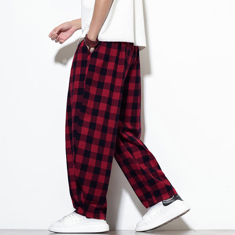 Buddha Stones Pantalones harem de verano para hombre con estampado de cuadros, cintura alta, cordón ajustable y bolsillos. - image 22