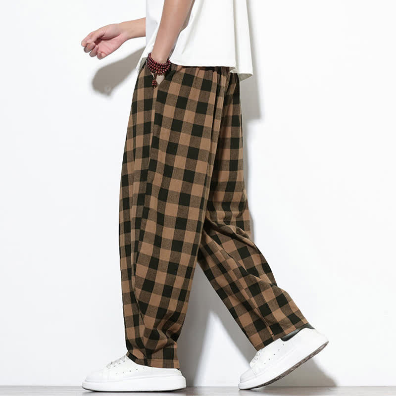 Buddha Stones Pantalones harem de verano para hombre con estampado de cuadros, cintura alta, cordón ajustable y bolsillos. - image 16