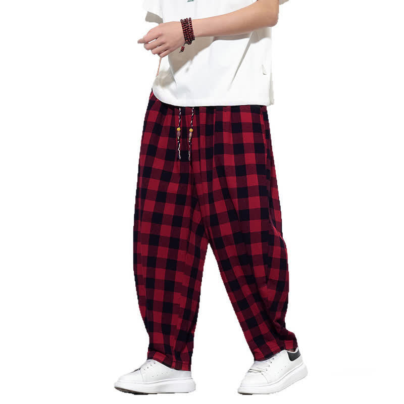 Buddha Stones Pantalones harem de verano para hombre con estampado de cuadros, cintura alta, cordón ajustable y bolsillos. - image 25