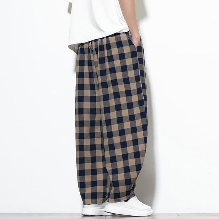 Buddha Stones Pantalones harem de verano para hombre con estampado de cuadros, cintura alta, cordón ajustable y bolsillos. - image 28
