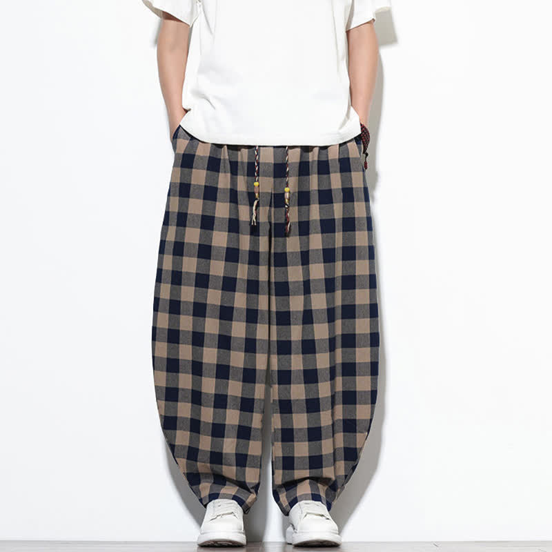 Buddha Stones Pantalones harem de verano para hombre con estampado de cuadros, cintura alta, cordón ajustable y bolsillos. - image 32