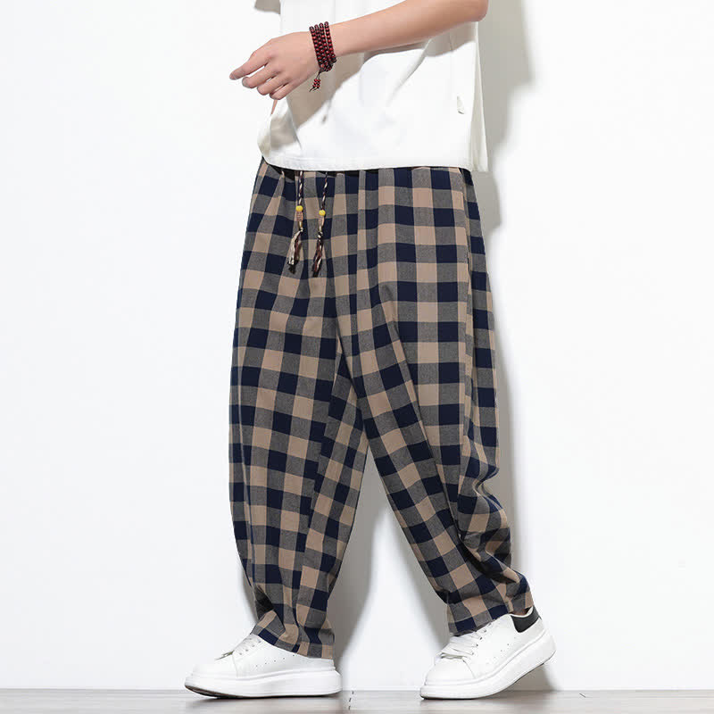 Buddha Stones Pantalones harem de verano para hombre con estampado de cuadros, cintura alta, cordón ajustable y bolsillos. - image 35