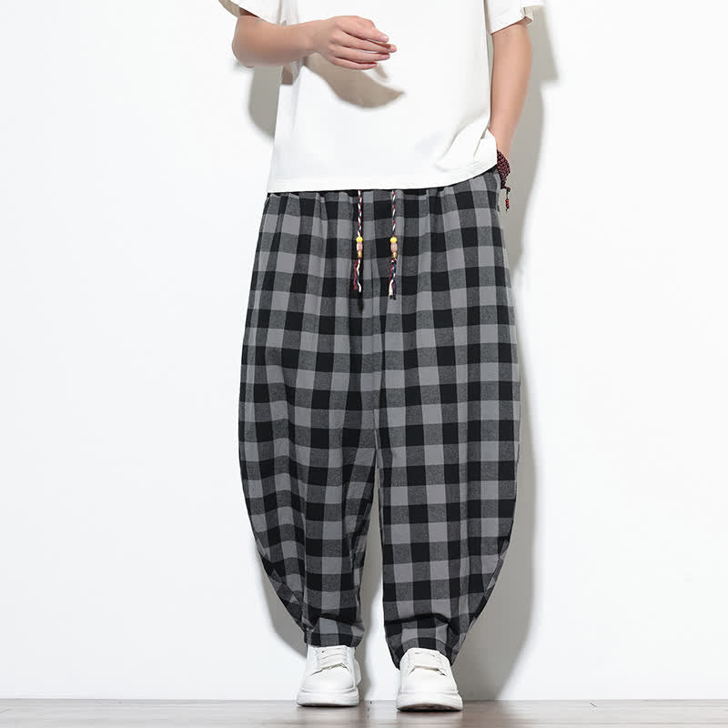 Buddha Stones Pantalones harem de verano para hombre con estampado de cuadros, cintura alta, cordón ajustable y bolsillos. - Negro - US/UK/AU46, EU56 (5XL) - image 0