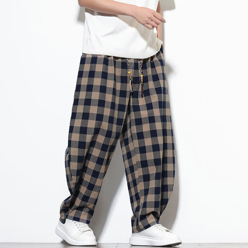 Buddha Stones Pantalones harem de verano para hombre con estampado de cuadros, cintura alta, cordón ajustable y bolsillos. - image 27