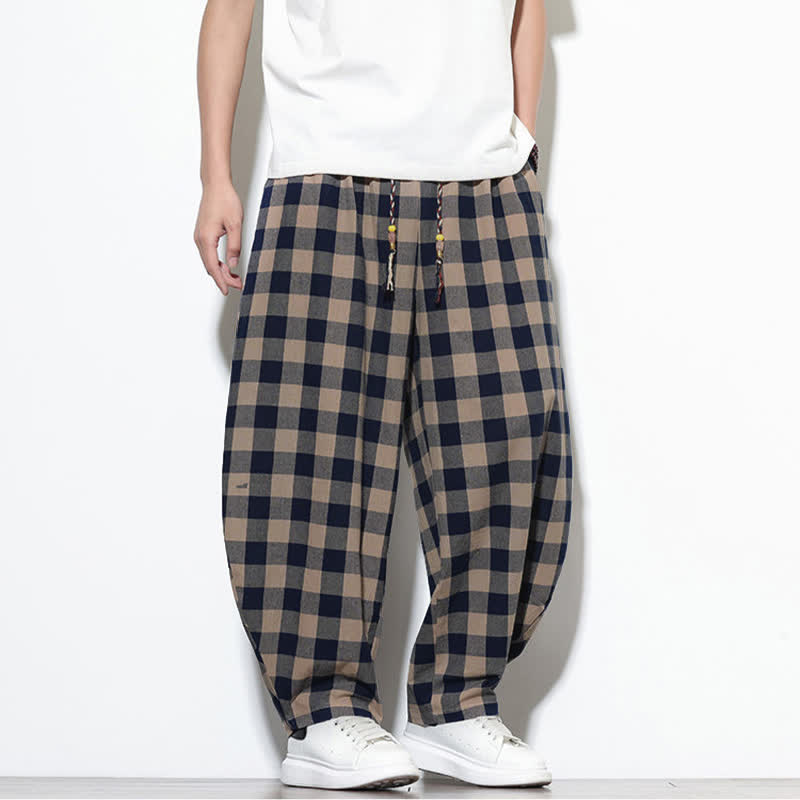 Buddha Stones Pantalones harem de verano para hombre con estampado de cuadros, cintura alta, cordón ajustable y bolsillos. - image 33