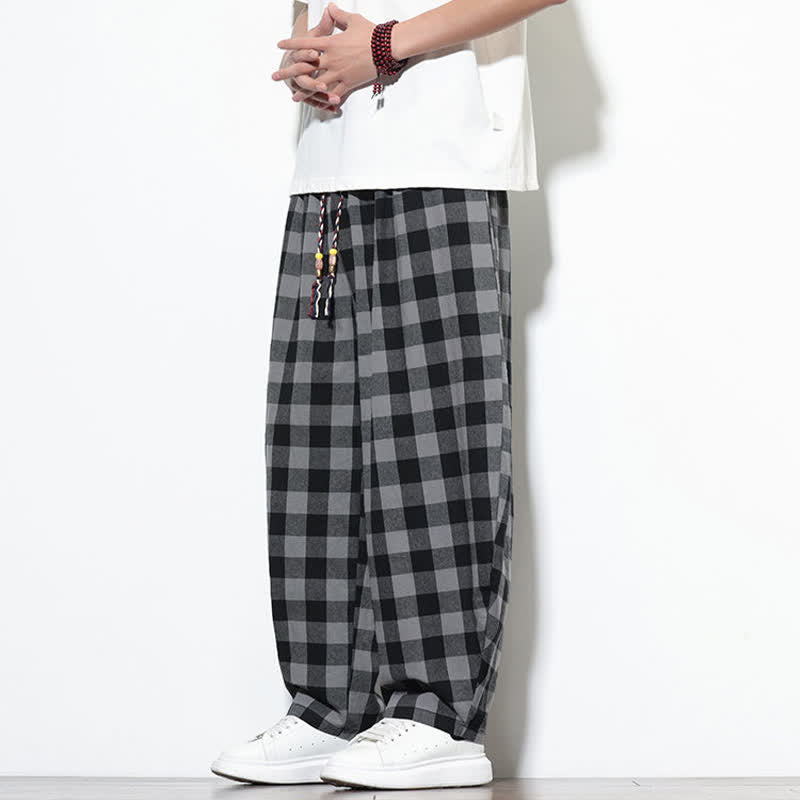 Buddha Stones Pantalones harem de verano para hombre con estampado de cuadros, cintura alta, cordón ajustable y bolsillos. - image 2
