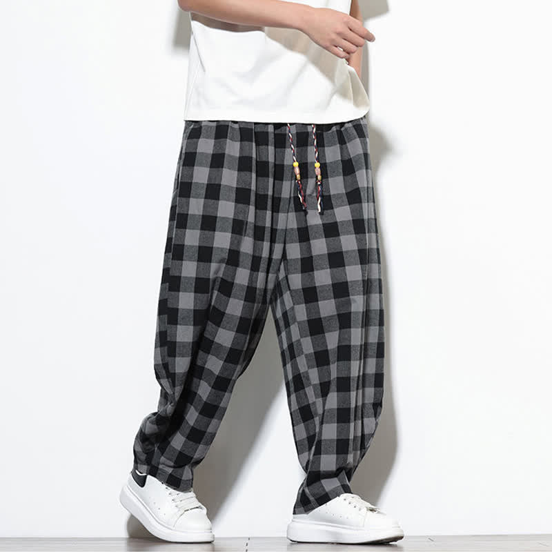 Buddha Stones Pantalones harem de verano para hombre con estampado de cuadros, cintura alta, cordón ajustable y bolsillos. - image 6