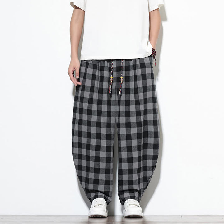 Buddha Stones Pantalones harem de verano para hombre con estampado de cuadros, cintura alta, cordón ajustable y bolsillos. - image 1