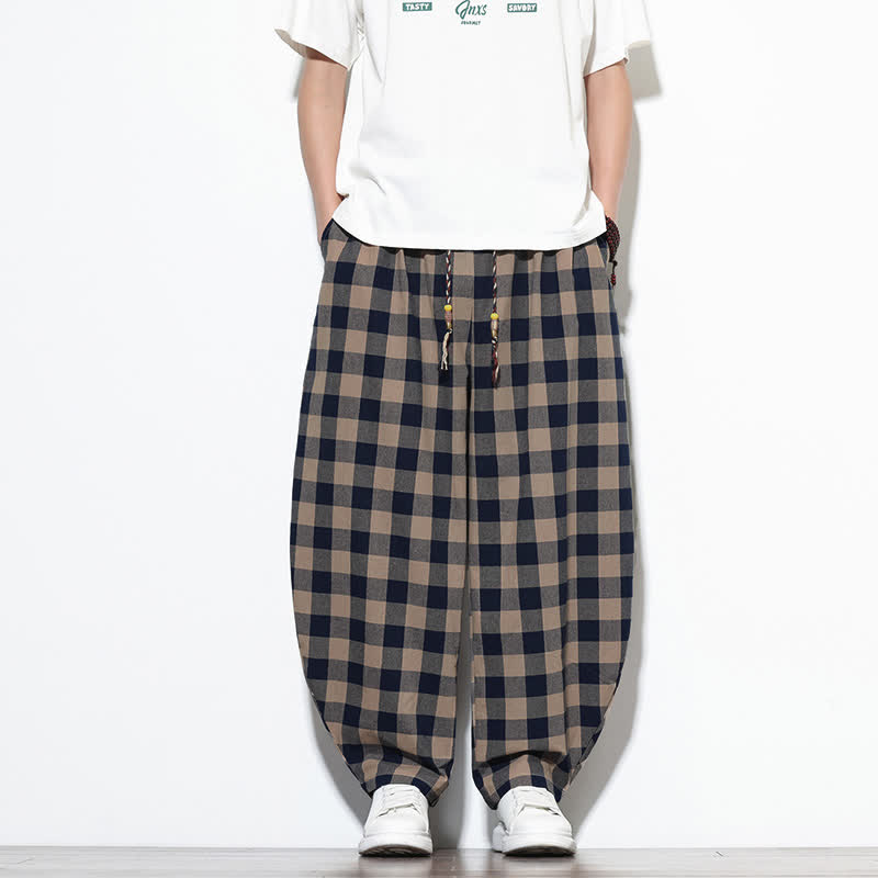 Buddha Stones Pantalones harem de verano para hombre con estampado de cuadros, cintura alta, cordón ajustable y bolsillos. - image 30