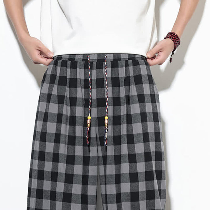 Buddha Stones Pantalones harem de verano para hombre con estampado de cuadros, cintura alta, cordón ajustable y bolsillos. - image 8