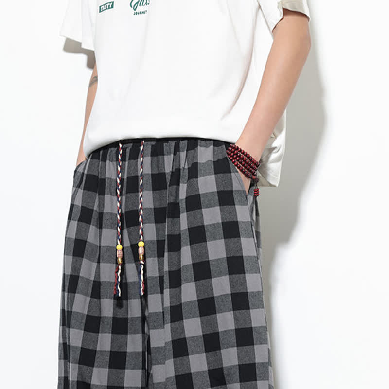 Buddha Stones Pantalones harem de verano para hombre con estampado de cuadros, cintura alta, cordón ajustable y bolsillos. - image 9