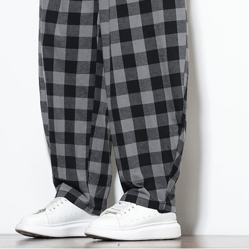Buddha Stones Pantalones harem de verano para hombre con estampado de cuadros, cintura alta, cordón ajustable y bolsillos. - image 10