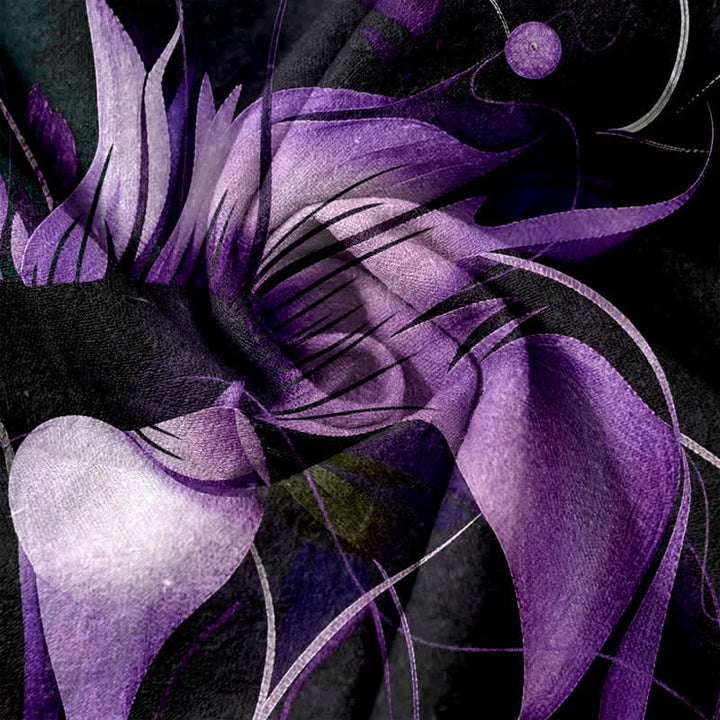 Buddha Stones Pantalones de mujer de algodón puro con estampado de loto morado, cintura elástica y bolsillos. - image 1