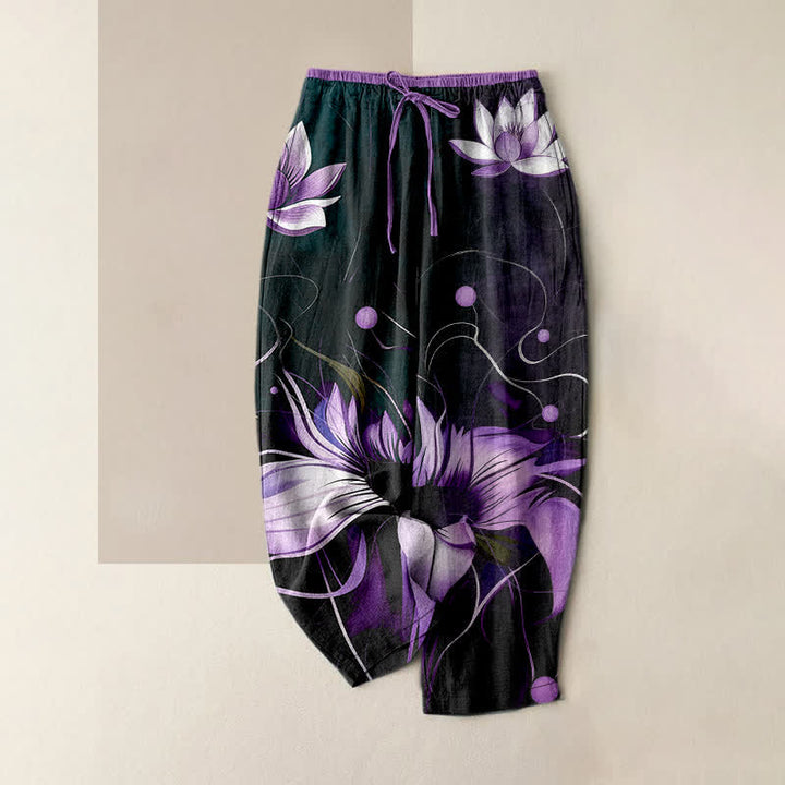 Buddha Stones Pantalones de mujer de algodón puro con estampado de loto morado, cintura elástica y bolsillos. - Negro - US16，UK/AU20，EU48 (3XL) - image 0
