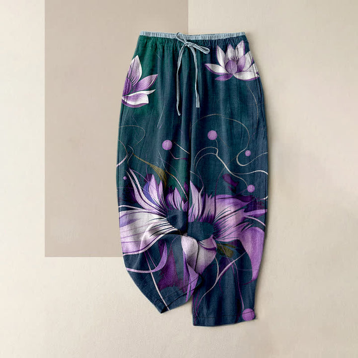 Buddha Stones Pantalones de mujer de algodón puro con estampado de loto morado, cintura elástica y bolsillos. - Verde azulado - US16，UK/AU20，EU48 (3XL) - image 4