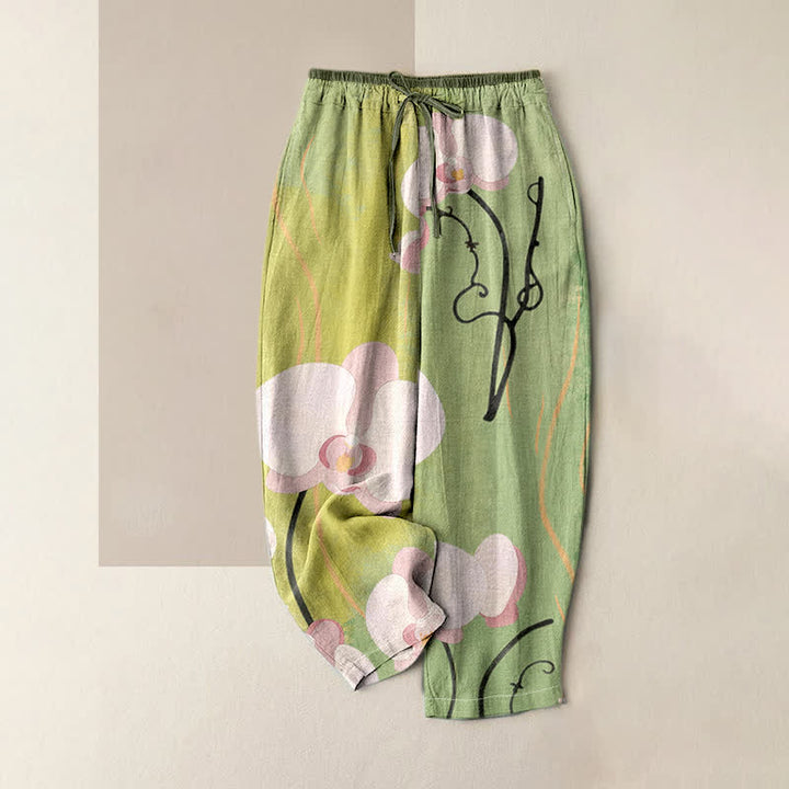 Buddha Stones Pantalones de mujer de algodón con estampado de orquídeas, cintura elástica, cordón ajustable y bolsillos. - Verde mar oscuro - US16，UK/AU20，EU48 (3XL) - image 3