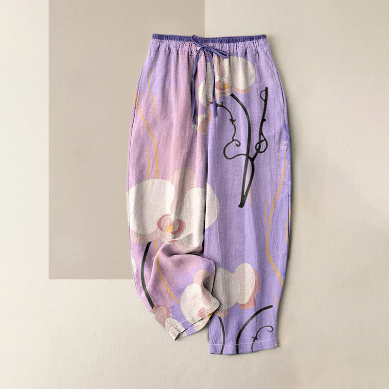 Buddha Stones Pantalones de mujer de algodón con estampado de orquídeas, cintura elástica, cordón ajustable y bolsillos. - Morado medio - US16，UK/AU20，EU48 (3XL) - image 4