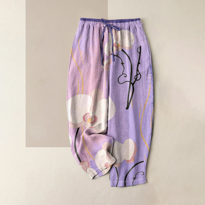 Buddha Stones Pantalones de mujer de algodón con estampado de orquídeas, cintura elástica, cordón ajustable y bolsillos. - Morado medio - US16，UK/AU20，EU48 (3XL) - image 4