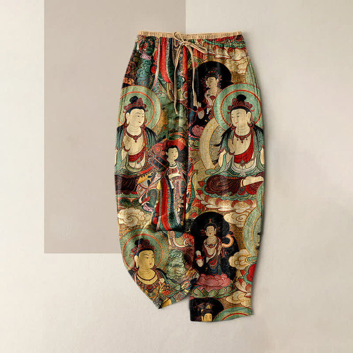 Buddha Stones Pantalones de mujer de algodón puro con cintura elástica y bolsillos, estampado de varios budas. - Navajo Blanco - US16，UK/AU20，EU48 (3XL) - image 0