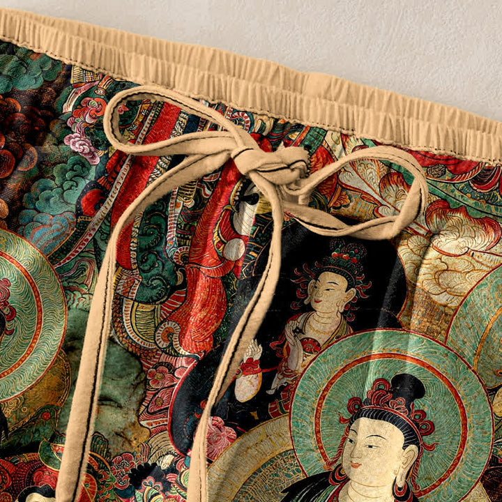 Buddha Stones Pantalones de mujer de algodón puro con cintura elástica y bolsillos, estampado de varios budas. - image 1