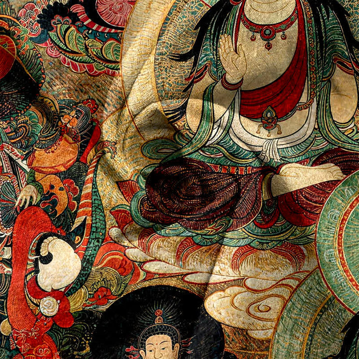 Buddha Stones Pantalones de mujer de algodón puro con cintura elástica y bolsillos, estampado de varios budas. - image 3