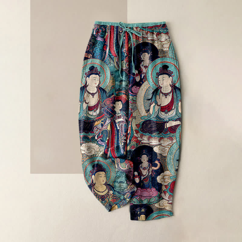 Buddha Stones Pantalones de mujer de algodón puro con cintura elástica y bolsillos, estampado de varios budas. - Turquesa - US16，UK/AU20，EU48 (3XL) - image 4