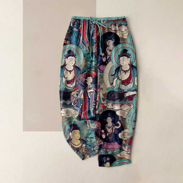 Buddha Stones Pantalones de mujer de algodón puro con cintura elástica y bolsillos, estampado de varios budas. - Turquesa - US16，UK/AU20，EU48 (3XL) - image 4