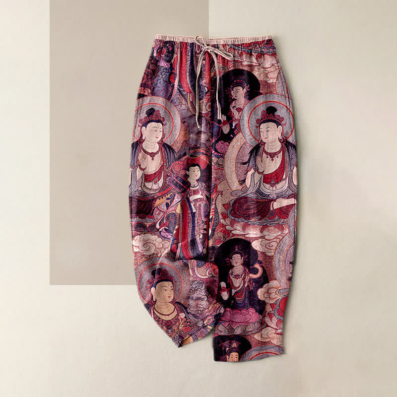 Buddha Stones Pantalones de mujer de algodón puro con cintura elástica y bolsillos, estampado de varios budas. - Rosa - US16，UK/AU20，EU48 (3XL) - image 5