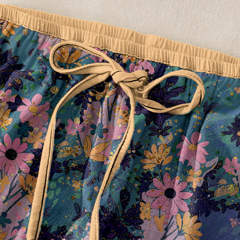 Buddha Stones Pantalones de mujer de algodón puro con estampado floral colorido, cintura elástica y bolsillos. - image 1