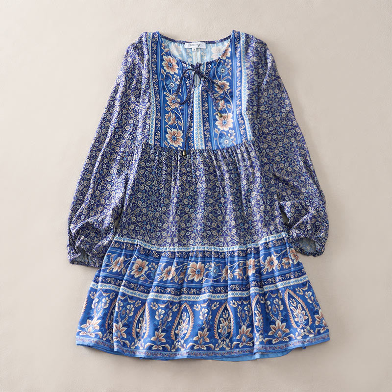 Buddha Stones Minivestido de mujer de algodón con estampado floral paisley estilo boho otoñal, mangas abullonadas y cuello con lazo. - image 0